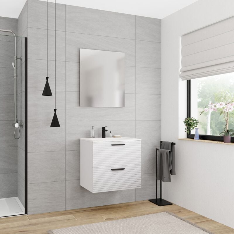 Ceramia - Komplettset 60 cm: Waschbecken matt weiß + zusammengebautes Möbelstück FSC-zertifiziert, off-white ( 4OW60-V)