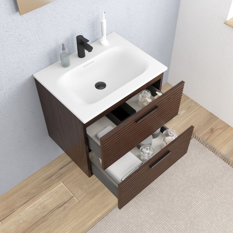 Ceramia - Komplettset 60 cm: Waschbecken weiß matt + FSC-zertifiziertes Möbelstück in Eichenfarbe ( 4DW60-V)