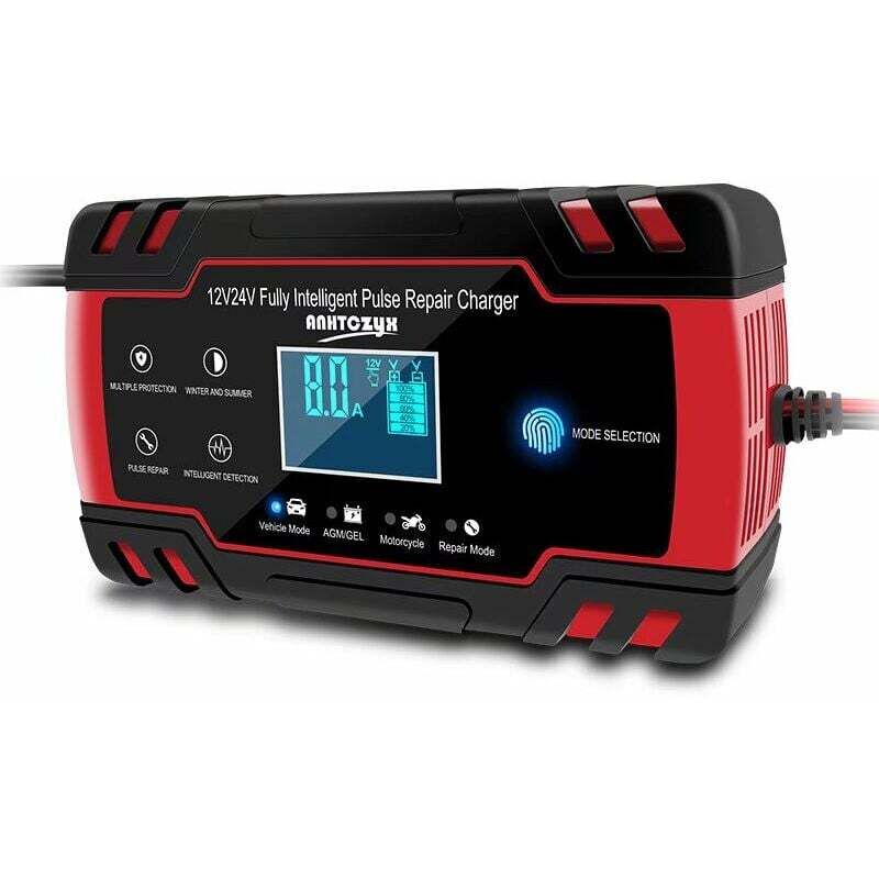 Chargeur de batterie de voiture, chargeur de batterie de voiture 8A 12V / 24V, chargeur de batterie de voiture entièrement automatique avec écran LCD