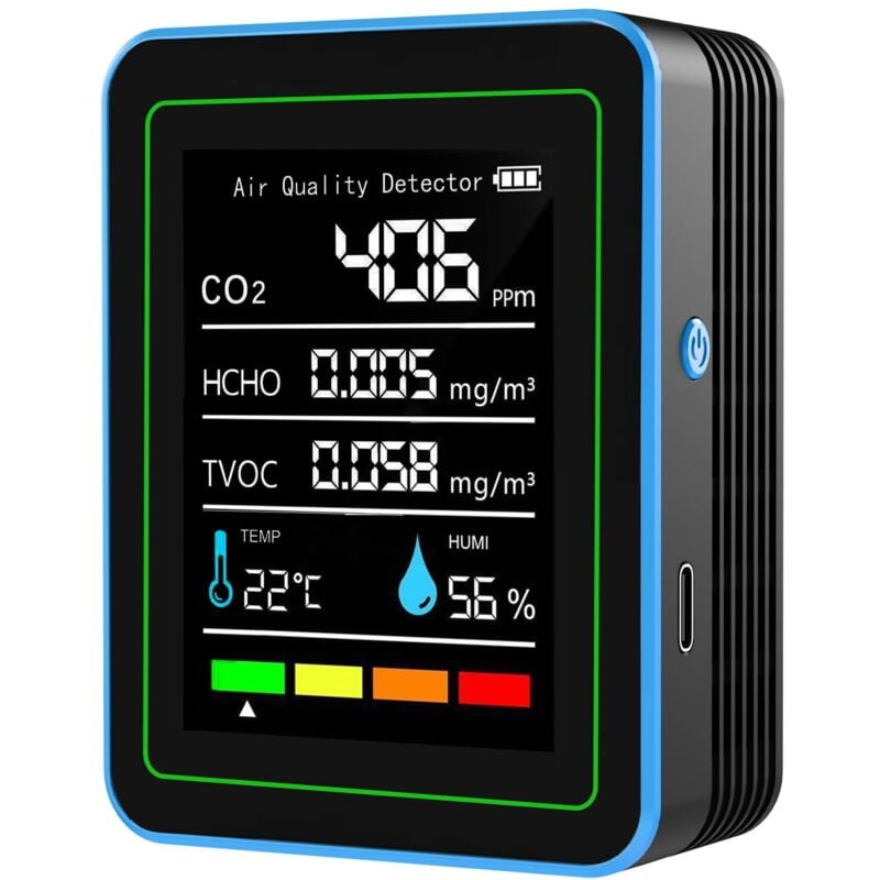 CO₂-Monitor, 5-in-1 Indoor Luftqualität Monitor, tragbarer Kohlendioxid-Detektor, LCD-Rücklicht, CO₂, TVOC, HCHO, PM2.5, PM10, Tester mit Wecker für