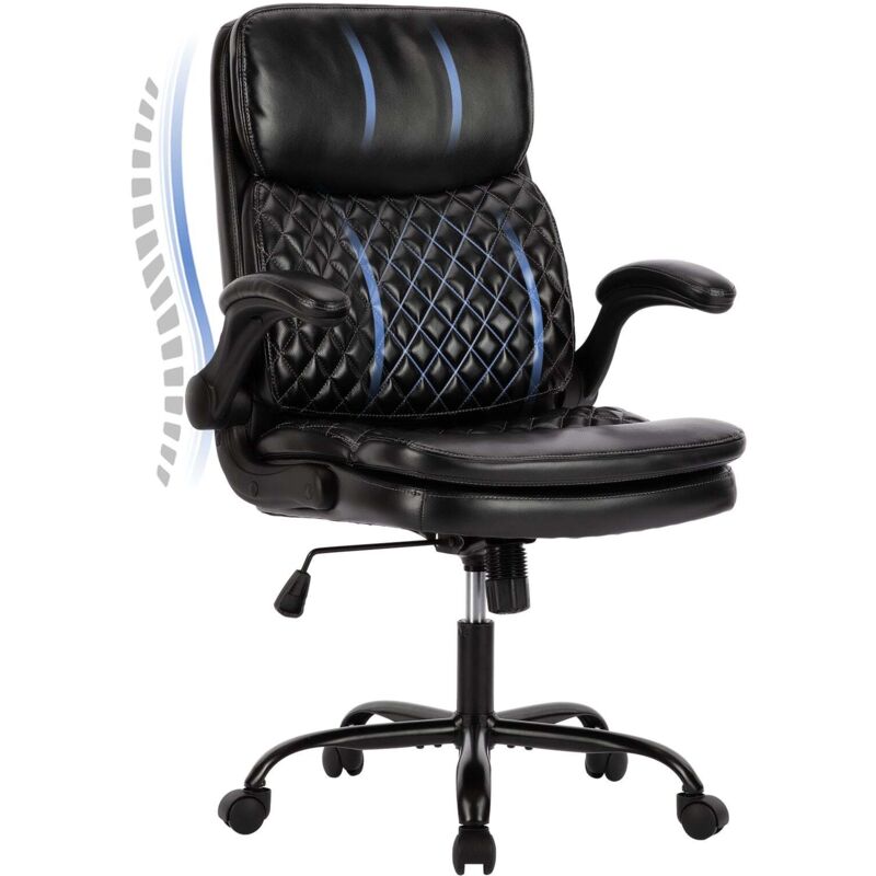 COLAMY Bürostuhl, ergonomischer Leder-Bürostuhl mit verstellbarer Höhe, neigbarer Rückenlehne und bequemen Armlehnen, Farbe Schwarz
