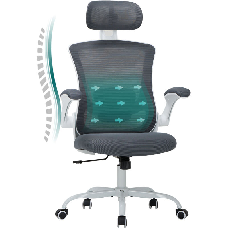 COLAMY Bürostuhl – Ergonomischer Bürostuhl mit Kopfstütze, Lendenwirbelstütze, klappbaren Armlehnen und 140° Wippfunktion, grau