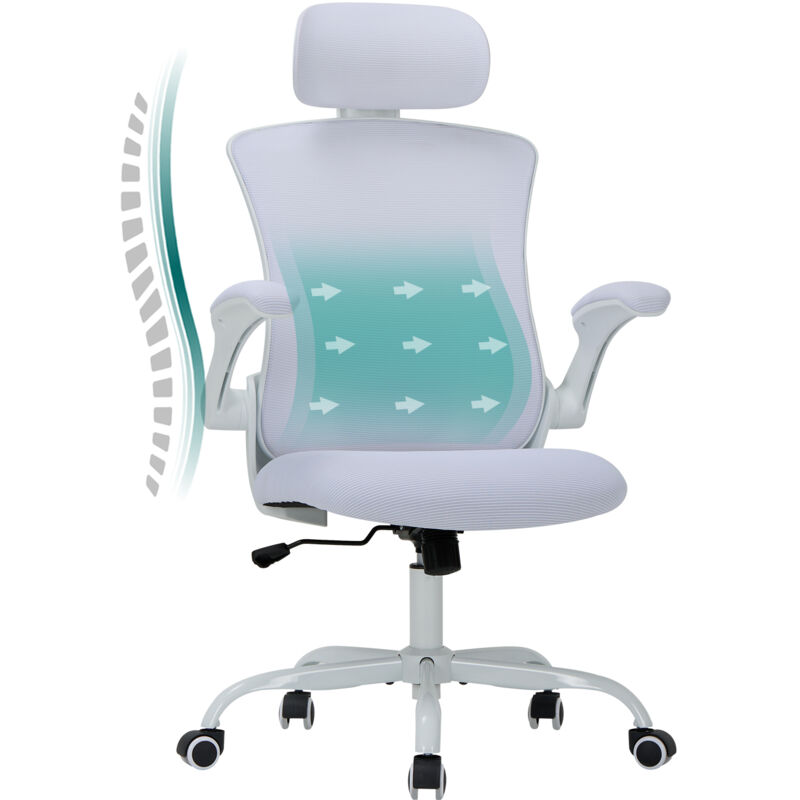 COLAMY Bürostuhl – Ergonomischer Bürostuhl mit Kopfstütze, Lendenwirbelstütze, klappbaren Armlehnen und 140° Wippfunktion, weiss