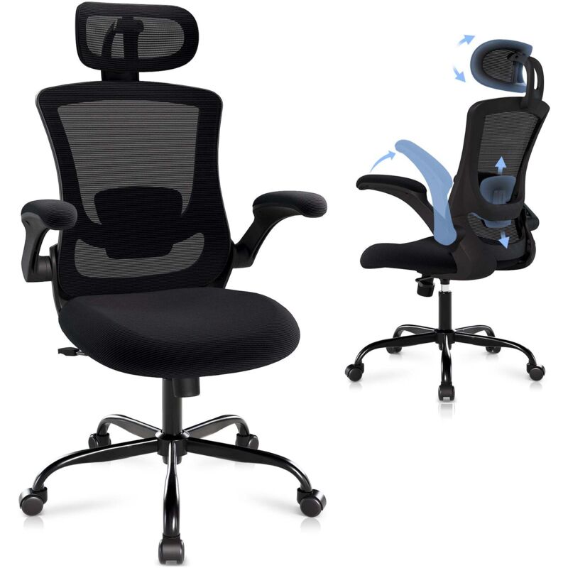 COLAMY Bürostuhl– Ergonomischer Bürostuhl mit Kopfstütze, Lendenwirbelstütze, klappbaren Armlehnen und 140° Wippfunktion, schwarz