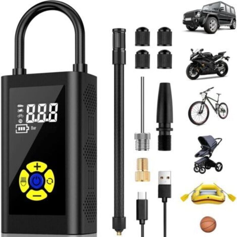 Tragbarer Luftkompressor, Autoreifen-Inflator-Version, Fahrradpumpe, Mini-Autokompressor, digitales LCD-Display, 150 PSI, Typ-C-Aufladung, 2000 mAh