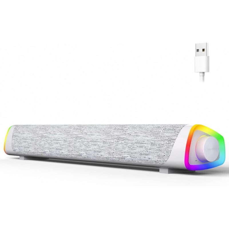 Computerlautsprecher, kabelgebundene USB-Soundbar mit Bluetooth V5.3, farbiger LED-Beleuchtung und Ein-/Ausschalter für Desktop-Computer.