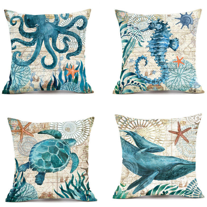 Copricuscino per esterni 45x45cm, set di 4 federe impermeabili con motivo a vita marina blu per divano, per patio, giardino, soggiorno, camera da