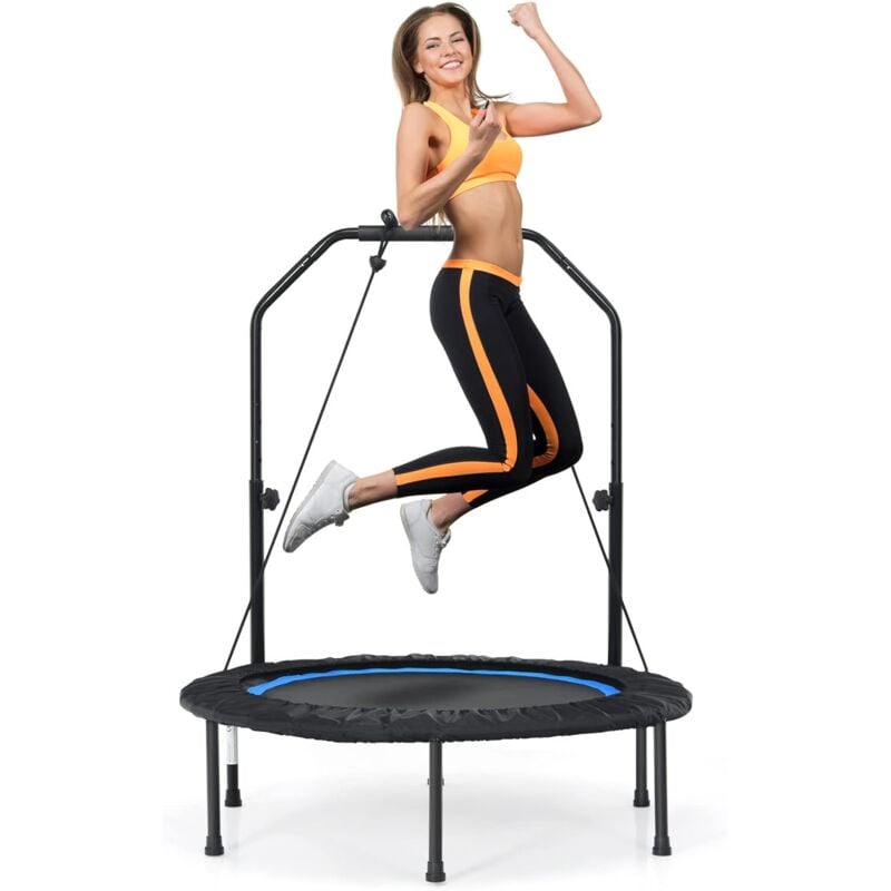 Costway - 101cm Mini Trampolin mit 2 Widerstandsbaendern und hoehenverstellbarm Haltegriff, Fitness Trampolin faltbar, Kindertrampolin