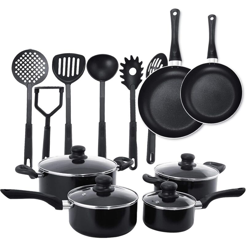 Costway - 16-teiliges Topfset mit Küchenutensilien, Kochtopfset Induktion, Kochgeschirr spülmaschinenfest, 4 Kochtoepfe 2 Bratpfannen 6 Küchenhelfern