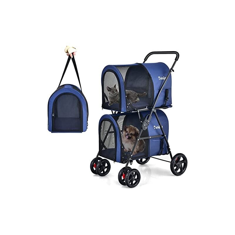 2 Etagen Hundewagen bis 16kg, klappbar, Hundebuggy mit Netzfenstern & Getränkehalter & Anhänger, Haustiere Katzenbuggy Blau - Costway