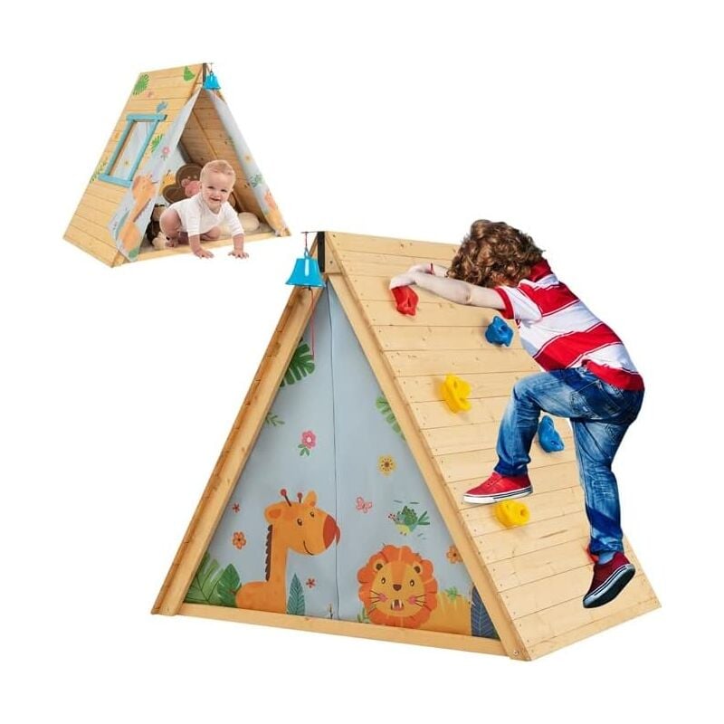COSTWAY 2 in 1 Kinderspielhaus mit Klettersteine, Kinderzelt Holz Spielhaus Kinder Holzhaus Kletterdreieck 115x77x100cm
