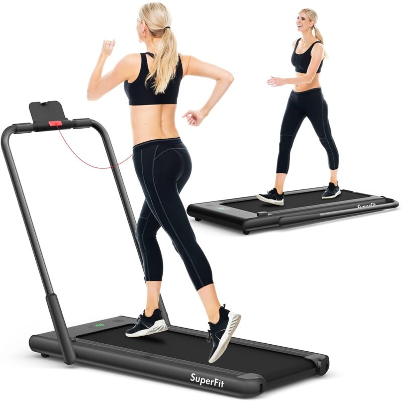 2 in 1 Laufband mit app & Fernbedienung Bluetooth 1-12 km/h led Display Handyhalterung klappbar bis 120 kg belastbar, Schwarz - Costway