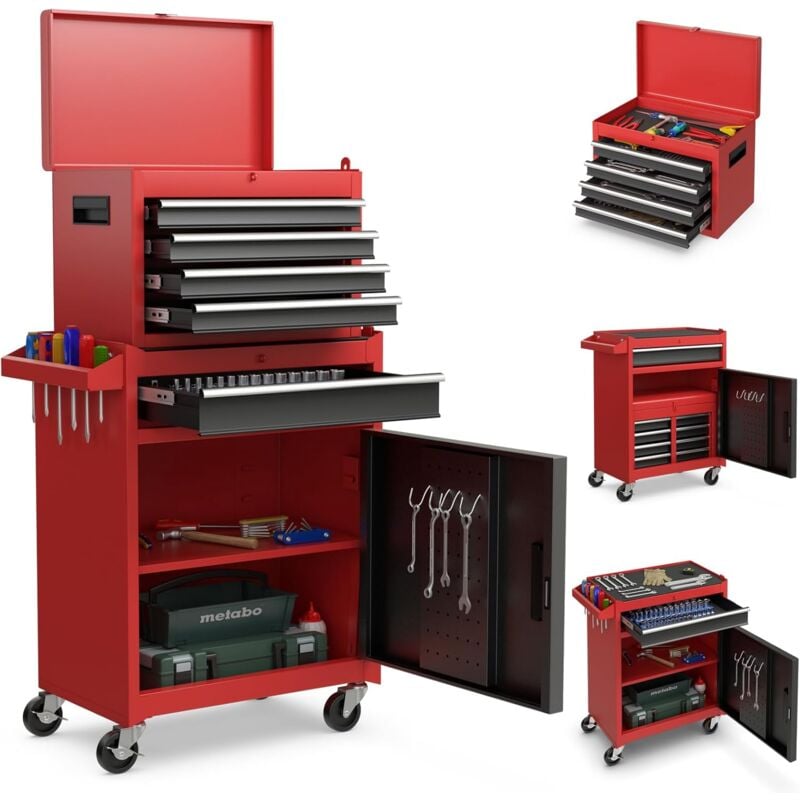 Costway - 2 in 1 Mobiler Werkzeugwagen mit 8 Schubladen & Schloss & Haken, Abnehmbarer Werkzeugschrank Metall auf Rädern, Werkstattwagen leer,