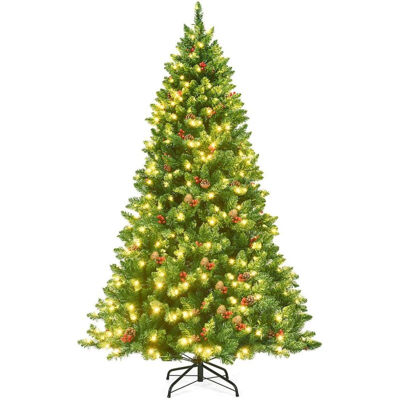 200cm Künstlicher Weihnachtsbaum mit warmweisser LED-Lichterkette, Tannenbaum mit Metallstaender, Christbaum pvc Nadeln, Kunstbaum Weihnachten