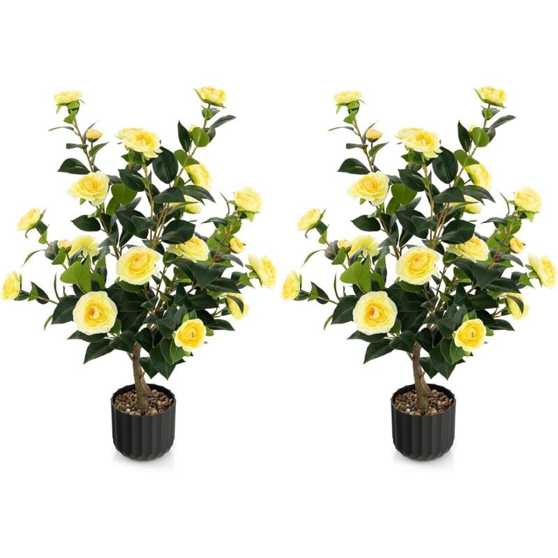 2er Set Kunstbaum mit Blüten 95cm, Künstlicher Kamelienbaum, Kunstpflanze im Topf, Kamelienpflanze mit 24 Blüten & natürlicher Stamm, Kunstblume