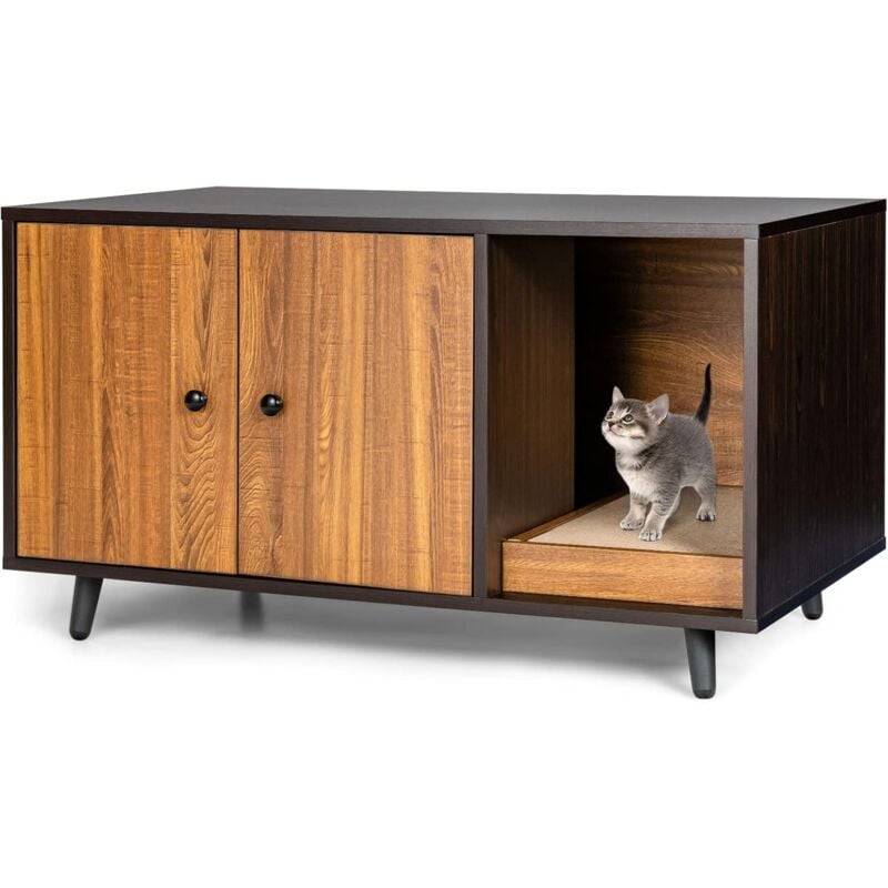 Costway - 2in1 Beistelltisch und Katzenschrank mit Kratzbrett, Katzenklo Kaffeetisch, Katzenhaus Katzenhoehle Katzentoilette Holz 90x50x50cm