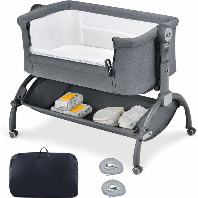 COSTWAY 3 in 1 Beistellbett & Babywiege & Stubenwagen, Reisebett Baby mit Matratze, Tragetasche, Aufbewahrungskorb 7 Fach höhenverstellbar, Babybett