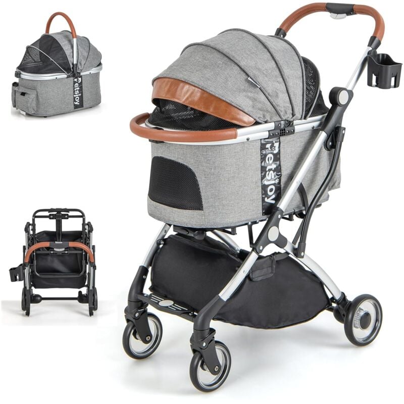 3-in-1 Haustierwagen, Hundewagen bis 15kg mit wasserdichter Abdeckung, Hundebuggy 4- Räder mit Aufbewahrungskorb & Teleskopgriff, klappbarer Haustier