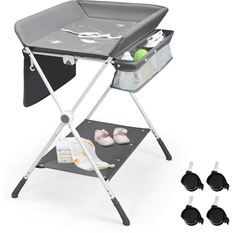 COSTWAY 4 IN 1 klappbarer Baby Wickeltisch & Badestation & Schuhregal & Waeschestaender, Wickelkombination hoehenverstellbar, Wickelkombi mit
