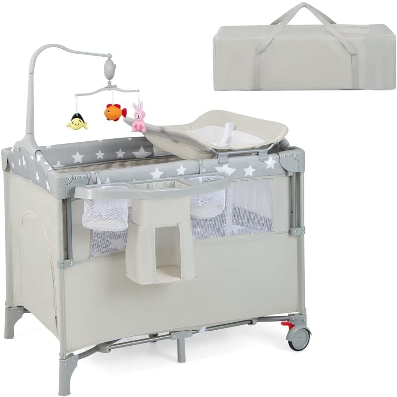 Costway - 4 in 1 klappbares Reisebett & Beistellbett & Wickeltisch & Laufstall rollbar, 2 Ebenen Babybett inkl. Spielbogen, Spieluhr, Matratze,