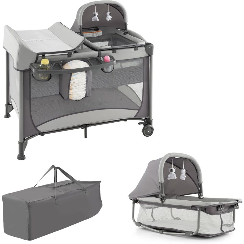 Costway - 5 in 1 Babybett Mobile, faltbares Reisebett & Laufstall Wickeltisch & Wiege, 2 Ebenen Kinderbett mit Spielzeug & Matratze &