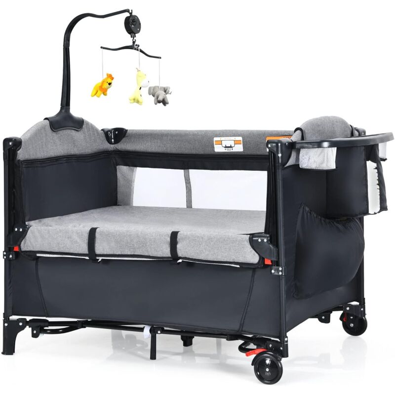 Costway - 5-in-1-Babybett mit Wickeltisch, 2 Ebene Babyreisebett mit 3 Spielzeug & Musikbox & Aufbewahrungstasche, 4-stufig verstellbares