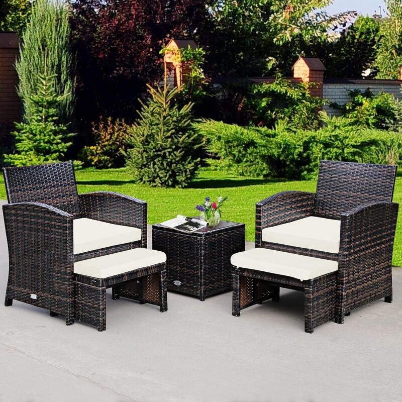 5er Set Rattan Set Moebel, Balkonset Gartenmoebel inkl. Rattantisch und Stühle, Polyrattan Lounge Set mit Sitzkissen und Ottomane, Terrasse