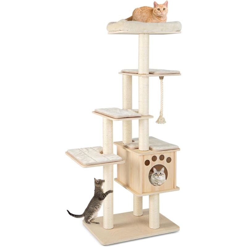 Costway - 6-stöckiger Kratzbaum Holz, 170cm Katzenbaum mit gemütlicher Matten & Höhle & Sisalseil, Katzenkratzbaum Groß, Katzen Katzenmöbel,