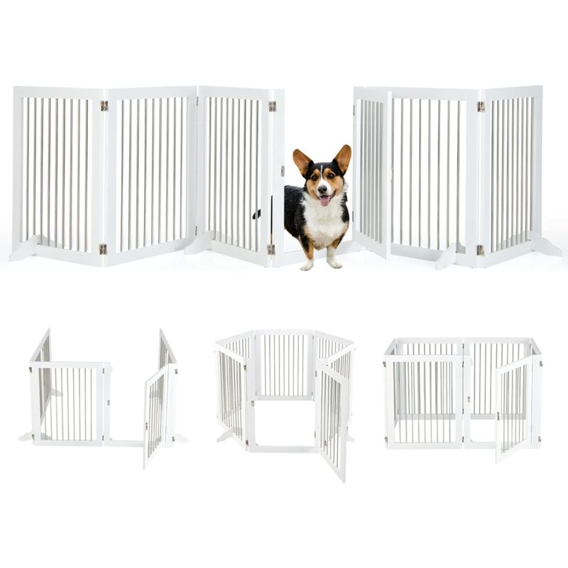 Costway - 6-teiliges Absperrgitter Hunde, Freistehendes Hundegitter mit Tür & 4 Stützfüssen, 80cm hoch, Klappbarer Schutzgitter, Treppengitter aus