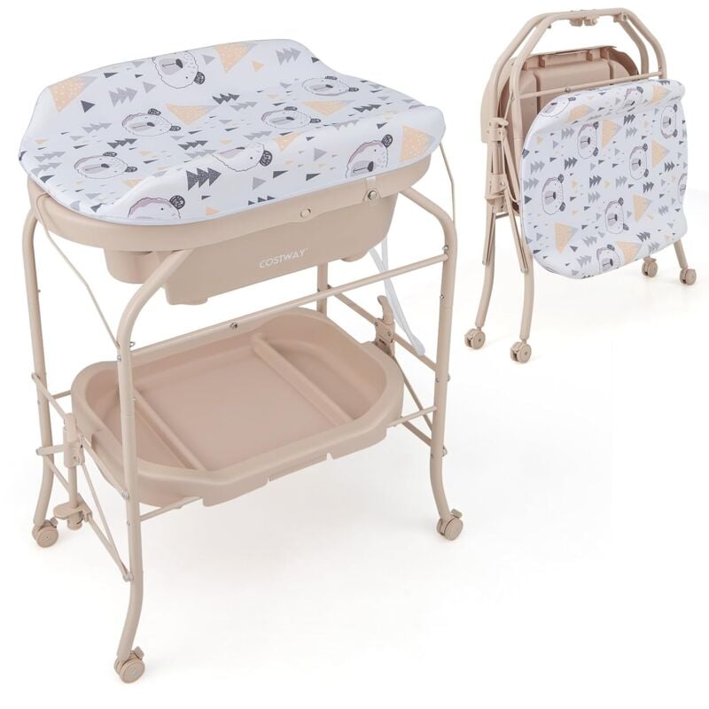 Costway - Baby Wickeltisch mit Badewanne, tragbare Wickelkommode mit PVC-Auflage, Badewanne, Ablagefach, klappbare Wickelstation mit 4