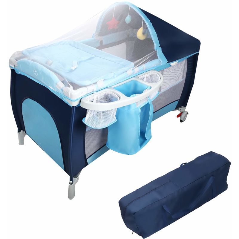 COSTWAY Babybett Reisebett Klappbett Babyreisebett Kinderbett Kinderreisebett Laufstall + Wickelauflage mit Schaukelfunktion blau