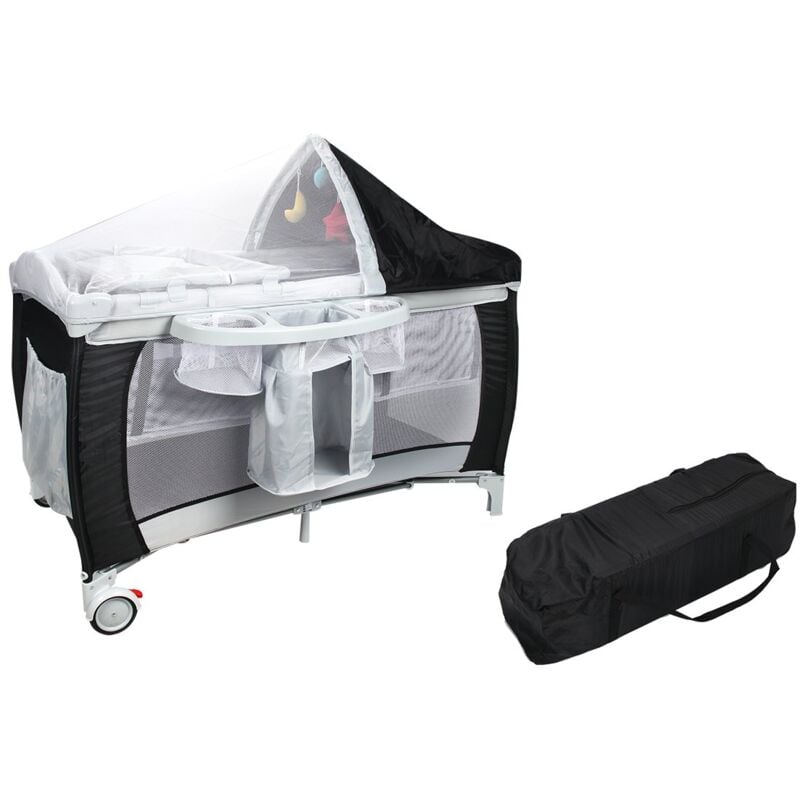 COSTWAY Babybett Reisebett Klappbett Babyreisebett Kinderbett Kinderreisebett Laufstall + Wickelauflage mit Schaukelfunktion schwarz