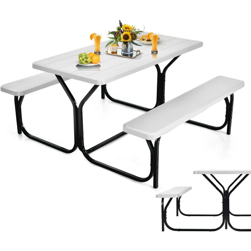 Bierzeltgarnitur, Picknicktisch & 2 Sitzbänke, 137x150x72cm, Metallrahmen, Festzeltgarnitur Weiß - Costway