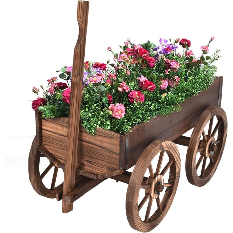 Costway - Blumenwagen Holz, Pflanzwagen mit 4 Raedern, Blumenkarre Pflanztopf Bollerwagen Garten Dekoration braun 120x43x53,5cm
