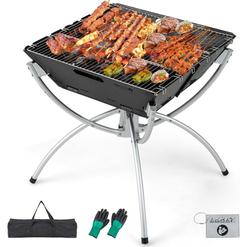 Costway - Campinggrill, 3-in-1-Feuerstelle für Brennholz & Holzkohle mit Edelstahlgrillrosten, tragbare Feuerschale mit Tragetasche & Handschuhen zum