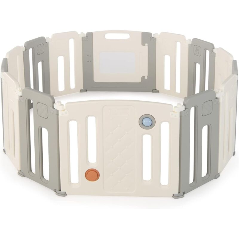 Costway - Faltbares Laufstall, Baby-Laufgitter mit Tür & Spielpaneel & Sicherheitsschloss, mit Whiteboard & Kugel & Soundknopf, Absperrgitter für