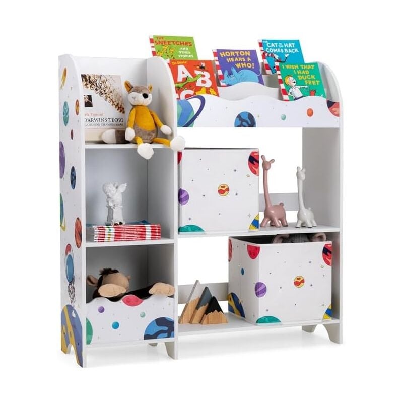 Costway - Freistehender Kinderzimmerschrank, 3-stöckiger Kinderzimmerregal, Spielzeug-Organizer für Kleinkinder mit 5 Fächern & 2 Aufbewahrungsboxen