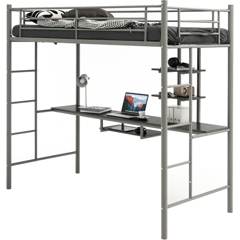 COSTWAY Hochbett mit Schreibtisch, Etagenbett mit 2 Leitern, Stockbett aus Metall, Bettrahmen für Teenager und Erwachsene (Silber)