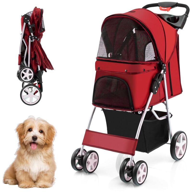 COSTWAY Hundewagen Haustiere Buggy bis 15kg, Hundebuggy mit Netzfenstern & Getränkehalter & Anhänger, Katzenbuggy für kleine Hunde Katzen (Rot)