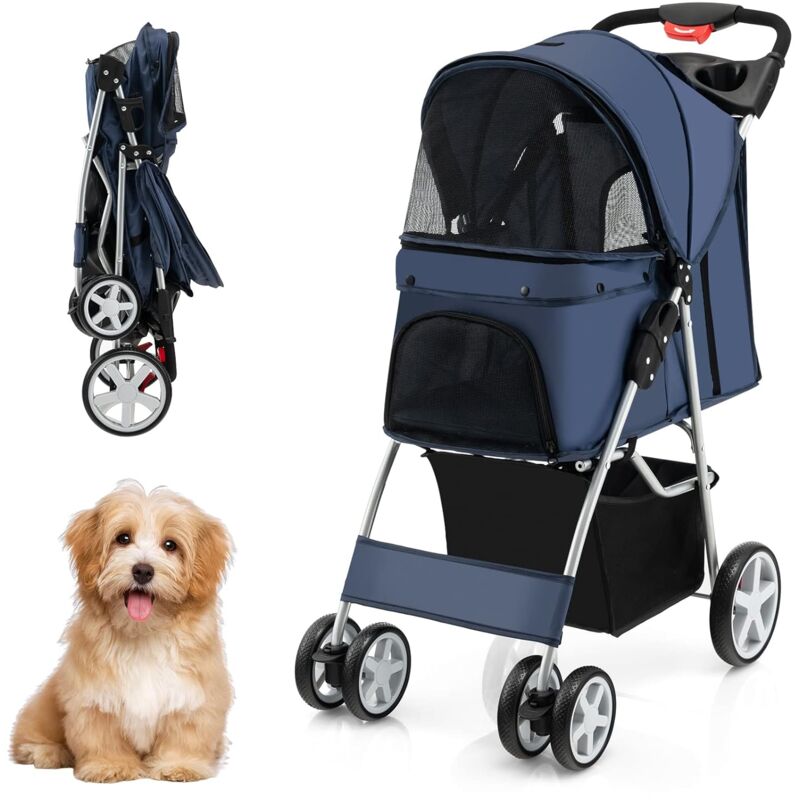 Hundewagen Haustiere Buggy bis 15kg, Hundebuggy mit Netzfenstern & Getränkehalter & Anhänger, Katzenbuggy für kleine Hunde Katzen Dunkelblau - Costway