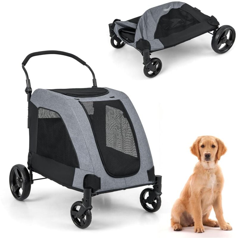Costway - Hundewagen, Hundebuggy klappbar, bis 60 kg, Haustierwagen mit Vordertür & Netzfenstern & Kissen & verstellbarem Griff, Haustiere Buggy