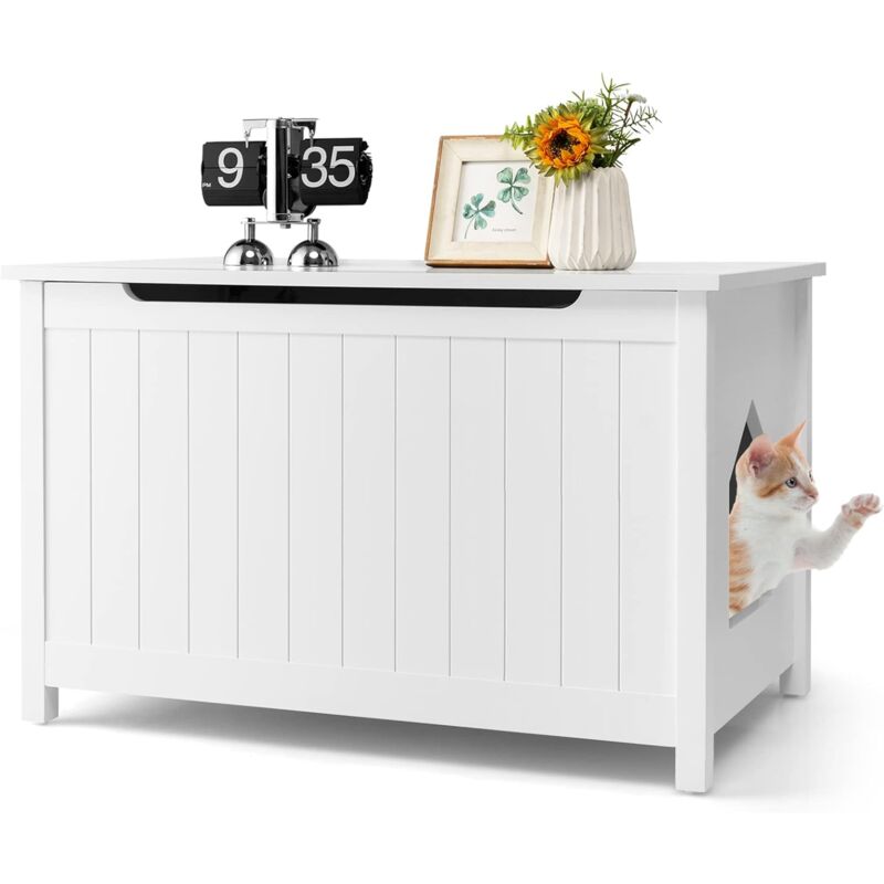 Costway - Katzenhaus Katzenklo Schrank, Katzenhoehle mit Eingang & Klappdeckel, Haustierbox mit Abnehmbarer Trennwand & 2 Haken, Katzentoilette &