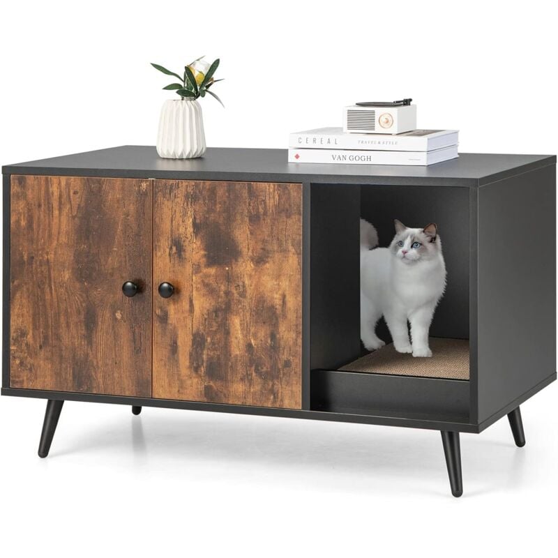 Costway - Katzenschrank für Katzentoilette, 2 in 1 Beistelltisch Katzenhaus, Katzenklo Schrank mit Kratzbrett & 2 Türen & Eingang, Katzenmöbel für