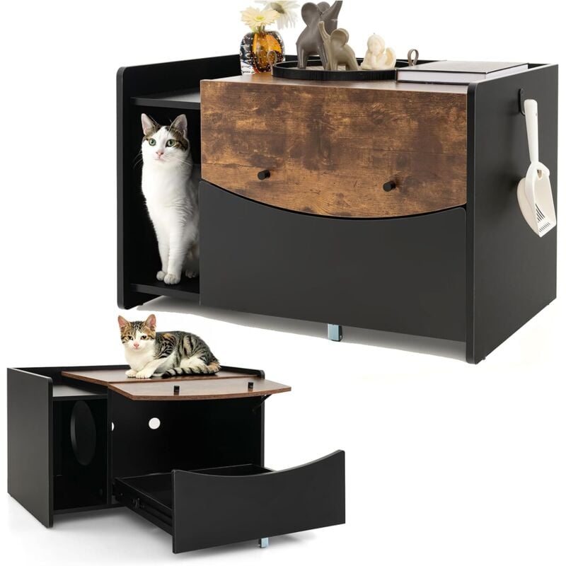 Costway - Katzenschrank für Katzentoilette, Katzenhaus mit ausziehbarer Schublade & Eingang & Haken & Klapptür, Katzenklo Schrank Katzenmöbel,