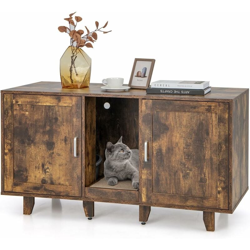 Katzenschrank für Katzentoilette, Katzenhaus mit 2 Türen & Kratzbrett & Eingang, Katzenhöhle Katzenklo Schrank, Katzenmöbel Beistelltisch, für Katzen