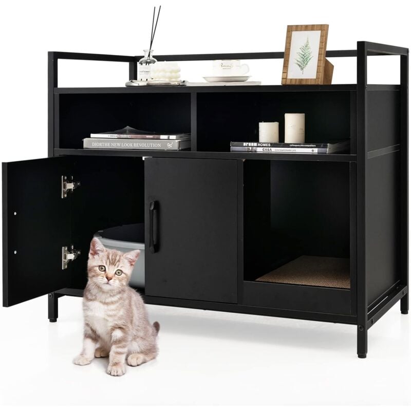Costway - Katzenschrank Katzentoilette mit Doppeltüren & Kratzunterlage, Katzenhaus mit offenem Regal & 2 Fächern, Katzenhöhle Katzenklo Schrank, für