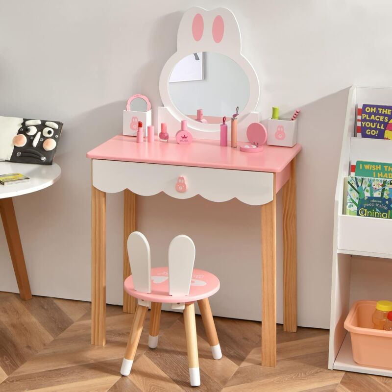 Costway - Kinder Schminktisch mit Hocker, Prinzessin Schminkkommode Frisiertisch mit Spiegel Schubladen & Aufbewahrungsbox, Make-up Schminktisch