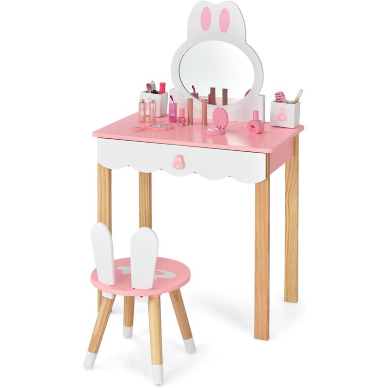 Costway - Kinder Schminktisch mit Hocker, Prinzessin Schminkkommode Frisiertisch mit Spiegel Schubladen & Aufbewahrungsbox, Make up Schminktisch