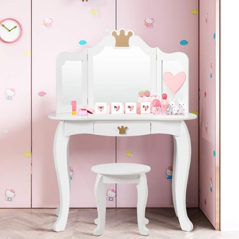 Costway - Coiffeuse pour Enfants avec Miroir à Trois Volets, Ensemble de Coiffeuse 2-en-1 avec Dessus Amovible, Tabouret Inclus, Jeu de Simulation de