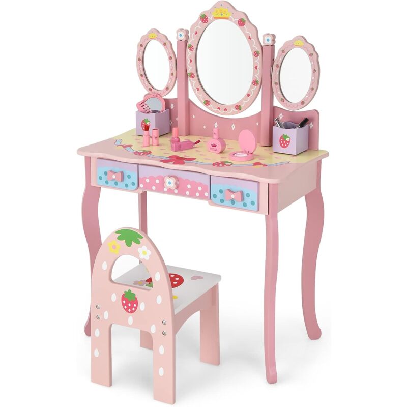 Costway - Kinder Schminktisch Set, Frisiertisch mit Klappbarem Spiegel, Schminkhocker und 3 Schubladen, Make-up Schminktisch Frisierkommode für